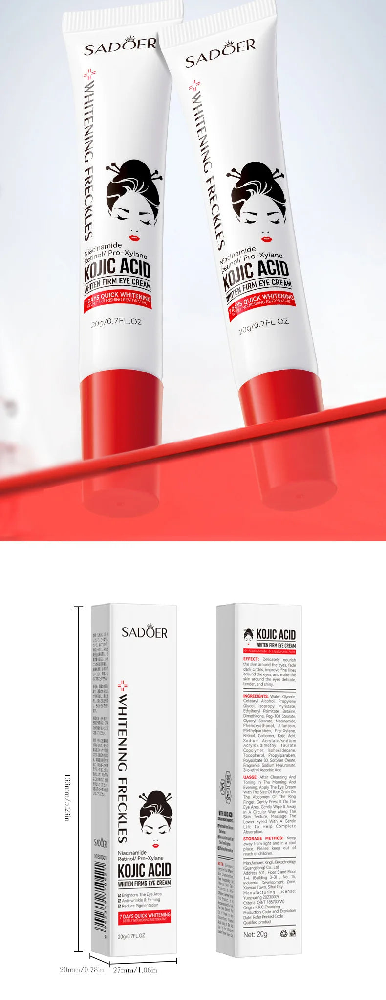 SADOER Kojic Acid Retinol Augencreme gegen Augenringe, Tränensäcke, feuchtigkeitsspendend & straffend – Hautpflege für schöne Augen